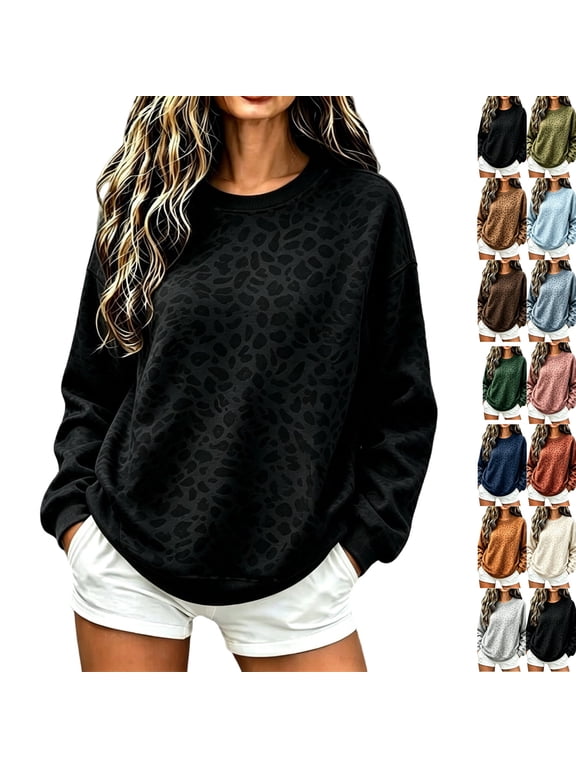 Women's Crew Neck Leopard Print Sweatshirt, Long Sleeve Loose Fit Pullover Top, Soft Casual Fall Winter Tunic Blouse, Trendy Printed Basic Shirt for Everyday Wear Black M