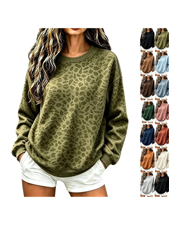 Women's Crew Neck Leopard Print Sweatshirt, Long Sleeve Loose Fit Pullover Top, Soft Casual Fall Winter Tunic Blouse, Trendy Printed Basic Shirt for Everyday Wear Light Green XL