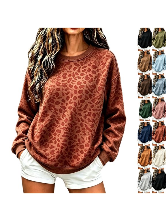 Women's Crew Neck Leopard Print Sweatshirt, Long Sleeve Loose Fit Pullover Top, Soft Casual Fall Winter Tunic Blouse, Trendy Printed Basic Shirt for Everyday Wear Red L