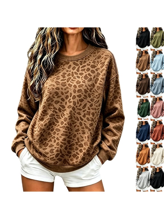 Women's Crew Neck Leopard Print Sweatshirt, Long Sleeve Loose Fit Pullover Top, Soft Casual Fall Winter Tunic Blouse, Trendy Printed Basic Shirt for Everyday Wear Camel S