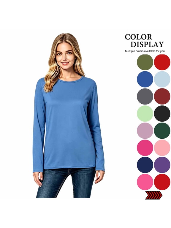 Women’s Crew Neck Long Sleeve Basic T-Shirt, Lightweight Solid Casual Top, Women's Size S-4XL
