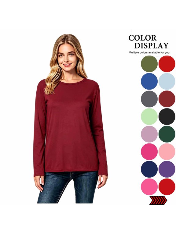 Women’s Crew Neck Long Sleeve Basic T-Shirt, Lightweight Solid Casual Top, Women's Size S-4XL