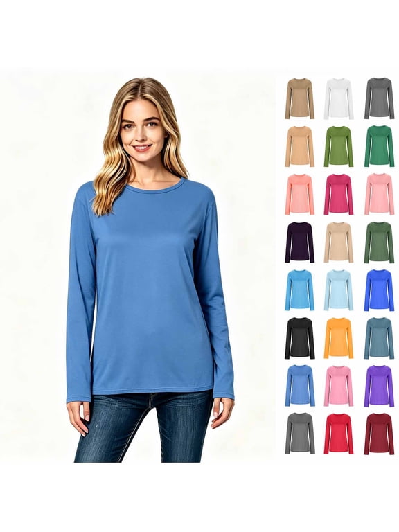 Women’s Crew Neck Long Sleeve Basic T-Shirt,Lightweight Solid Casual Top, Women's Size S-4XL