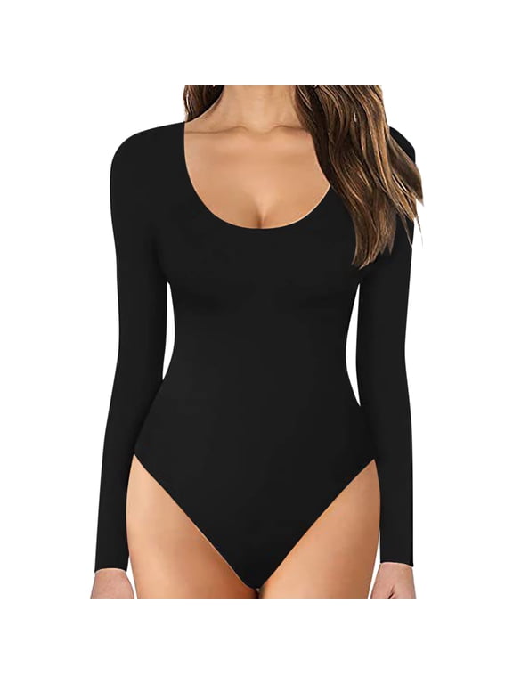 Women's Crew Neck Long Sleeve Bodysuit Stretchy Second-Skin Top Snap Closure Body Suit for Layering
