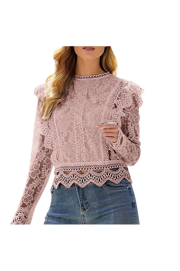 Women's Crew Neck Long Sleeve Floral Lace Crochet Sheer Blouse Top Elegant Victorian Ruffle Trim Scalloped Hem Hollow Out Shirt