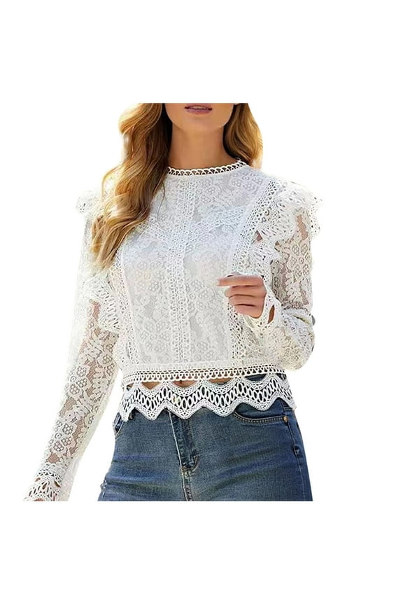 Women's Crew Neck Long Sleeve Floral Lace Crochet Sheer Blouse Top Elegant Victorian Ruffle Trim Scalloped Hem Hollow Out Shirt