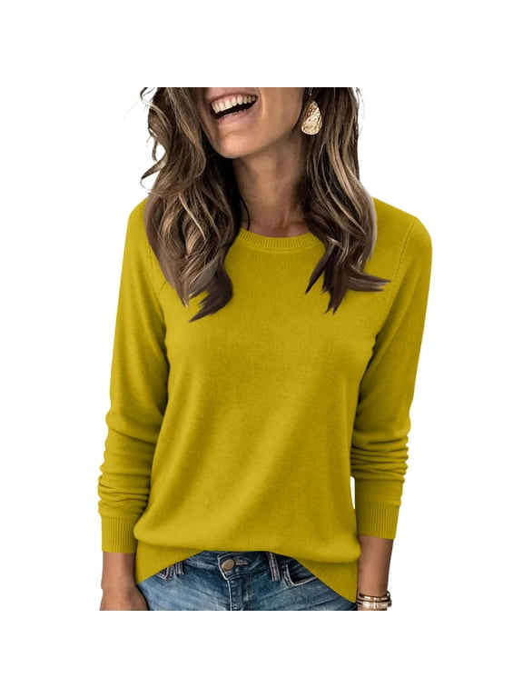 Women's Crew Neck Long Sleeve Knit Sweater, Casual Pullover Soft Lightweight Basic Knit Top for Fall Winter Daily Layering Wear 12-Yellow M