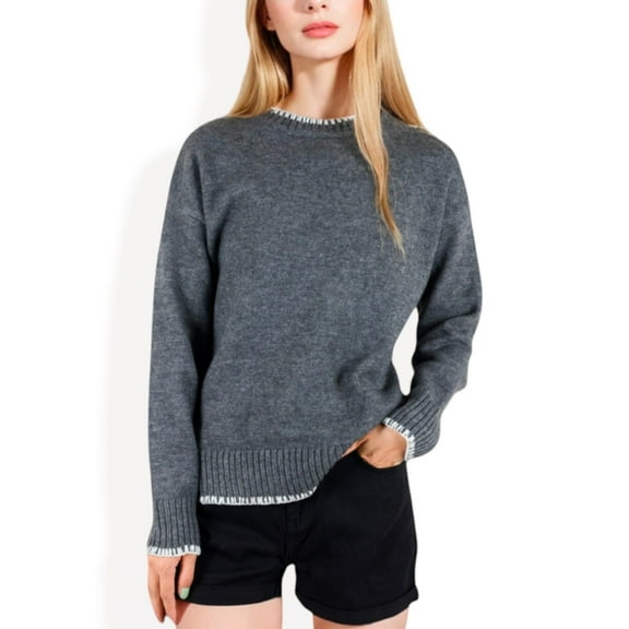 Women's Crew Neck Long Sleeve Knit Sweater with Contrast Trim and Ribbed Hem - Medium, Gray
