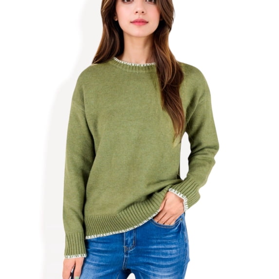 Women's Crew Neck Long Sleeve Knit Sweater with Contrast Trim and Ribbed Hem - Medium, Green