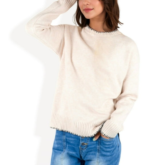 Women's Crew Neck Long Sleeve Knit Sweater with Contrast Trim and Ribbed Hem - Small, Light Beige