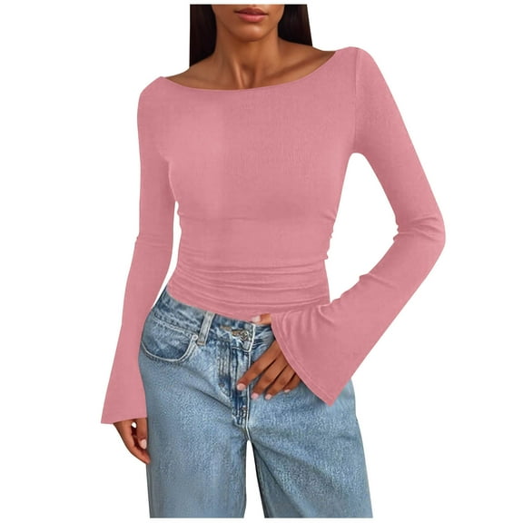 Women's Crew Neck Long Sleeve Shirts Fitted Stretch Knit Casual Tops Fashion Slim Fit Solid Color Basic T Shirts (M, Pink)