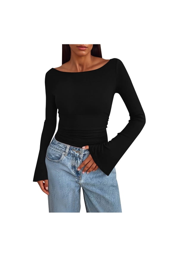 Women's Crew Neck Long Sleeve Shirts Fitted Stretch Knit Casual Tops Fashion Slim Fit Solid Color Basic T Shirts (S, Black)