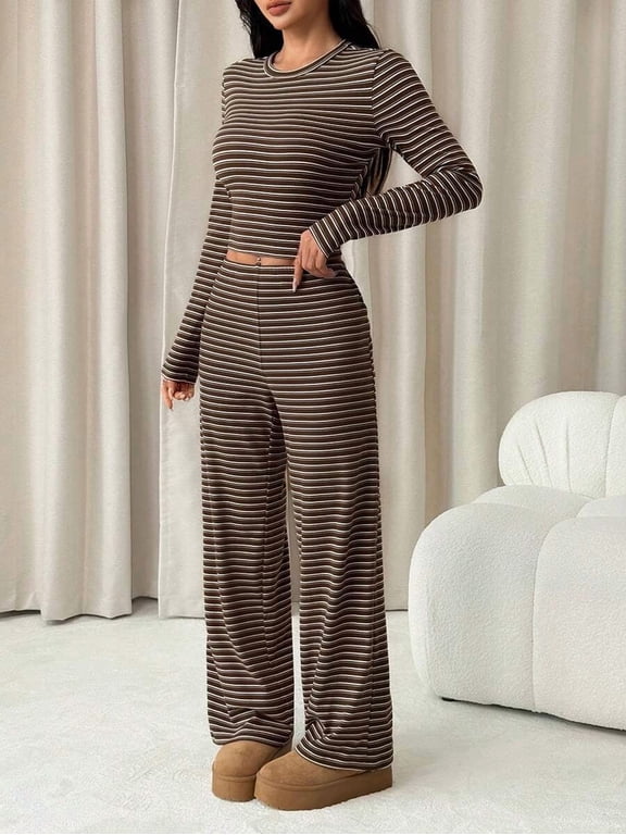 Women's Crew Neck Long Sleeve Striped Crop Top & Straight Leg Pants Casual 2 Piece Loungewear Set