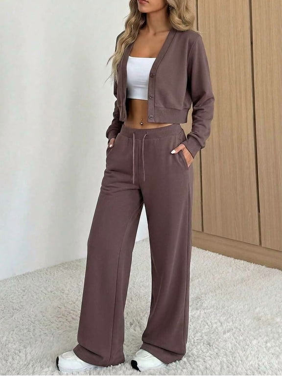 Women's Crew Neck Long Sleeve Sweater and Wide Leg Pants Set