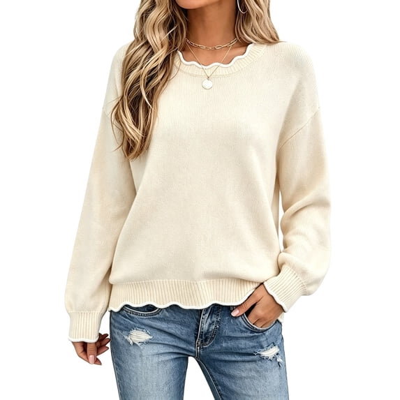Women's Crew Neck Long Sleeve Sweatshirt Drop Shoulder Scallop Hem Casual Pullover Top Fall Layering White,S