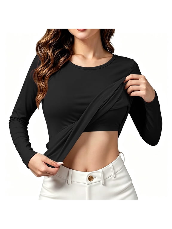Women's Crew Neck Long Sleeve T Shirt with Built in Padded Bra, U Neck Basic Layering Top with Soft Stretchy Fabric, for Summer Daily Wear or Casual Home Comfort Black M