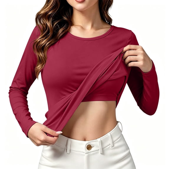 Women's Crew Neck Long Sleeve T Shirt with Built in Padded Bra, U Neck Basic Layering Top with Soft Stretchy Fabric, for Summer Daily Wear or Casual Home Comfort Red L