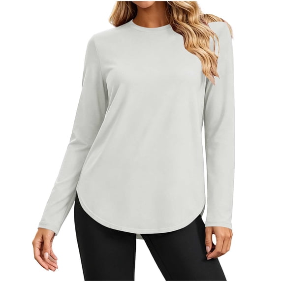 Women's Crew Neck Long Sleeve T-Shirt Ghalytn Curved High-Low Hem Relaxed Fit Stretch Casual Basic Top