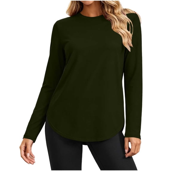 Women's Crew Neck Long Sleeve T-Shirt Ghalytn Curved High-Low Hem Relaxed Fit Stretch Casual Basic Top