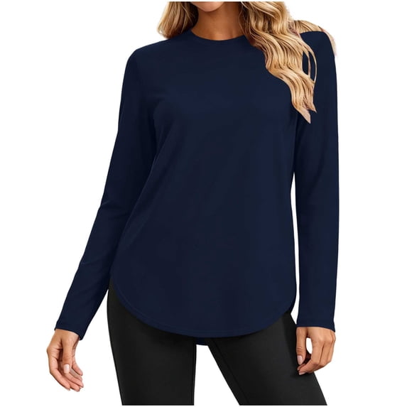 Women's Crew Neck Long Sleeve T-Shirt Ghalytn Curved High-Low Hem Relaxed Fit Stretch Casual Basic Top