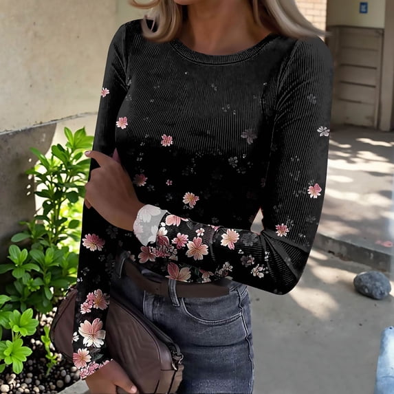 Women's Crew Neck Long Sleeve T-Shirt Ribbed Knit Slim Fit Floral Print Fall Winter Casual Layering Fitted Top 02-Black S