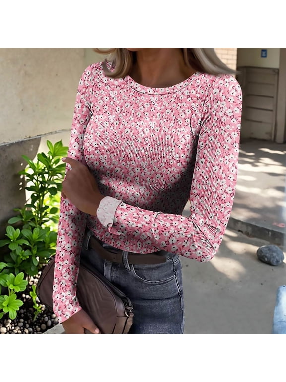 Women's Crew Neck Long Sleeve T-Shirt Ribbed Knit Slim Fit Floral Print Fall Winter Casual Layering Fitted Top 08-Pink S