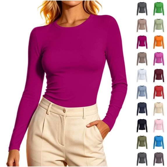 Women's Crew Neck Long Sleeve T-Shirt, Slim Fit Solid Basic Casual Top,XXL,Women's Plus Size