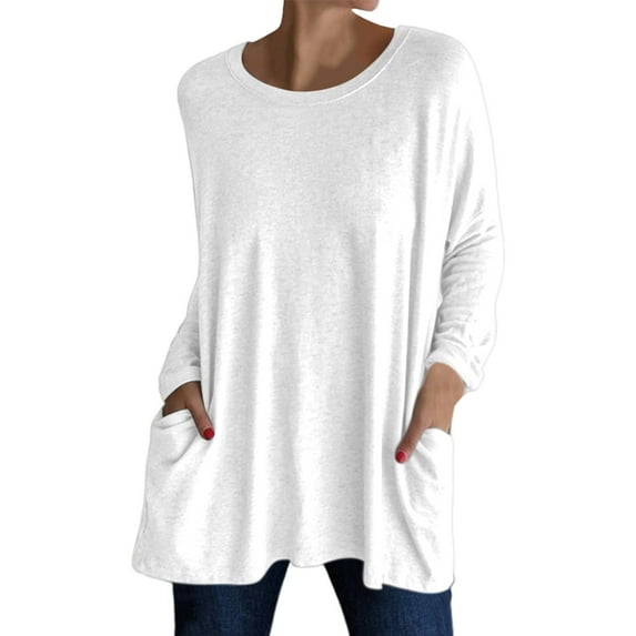 Women's Crew Neck Long Sleeve T-Shirt Soft Comfortable Casual Top with Pockets Stylish Solid Color Blouse