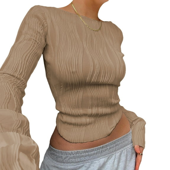 Women´s Crew Neck Long Sleeve T-Shirt Three-Dimensional Textured Slim Fit Pullover Tops