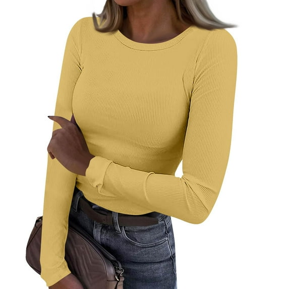 Women's Crew Neck Long Sleeve T-Shirts Ribbed Knit Casual Tops Tee Slim Fitted Basic Shirts