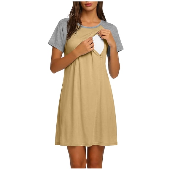 Women's Crew Neck Maternity Nursing Dress Color Block Short Sleeve Breastfeeding Nightgown Loungewear for Pregnancy & Postpartum