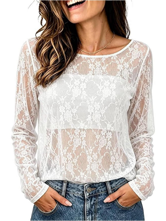 Women's Crew Neck Mesh Hollow-Out Lace Slim Fit Long Sleeve Layering Base Top White XL