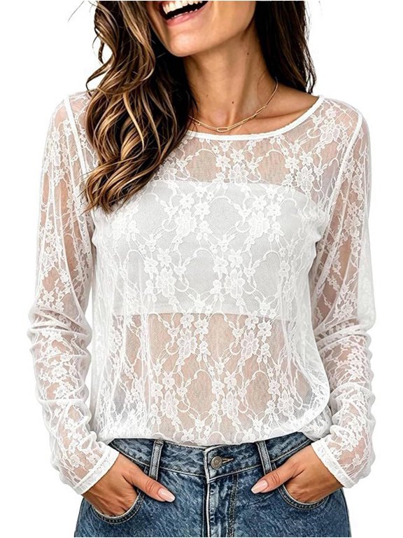 Women's Crew Neck Mesh Hollow-Out Lace Slim Fit Long Sleeve Layering Base Top White XXL