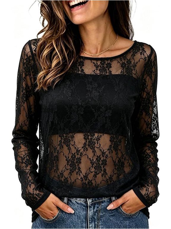 Women's Crew Neck Mesh Hollow-Out Lace Slim Fit Long Sleeve Layering Base Top