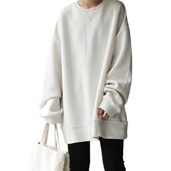 Women's Crew Neck Oversized Sweatshirts Long Sleeve Casual Loose Pullover Tops Solid Color Cotton Fall Clothes Cream White S