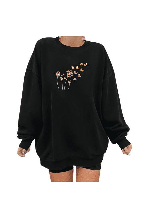Women's Crew Neck Printed Cotton Hoodie Cat Dandelion Pattern Casual Soothing Round-neck long-sleeved Black S-3XL