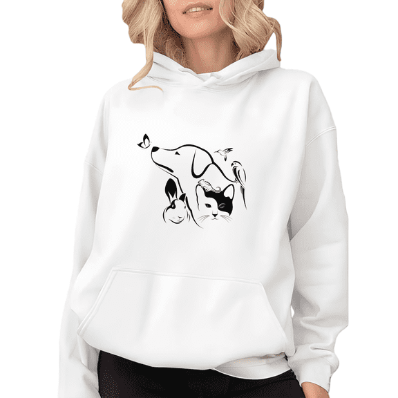 Women's Crew Neck Printed Cotton Hoodie Cute Pet Silhouette Pattern Casual Soothing Hooded Long-Sleeved White S-2XL