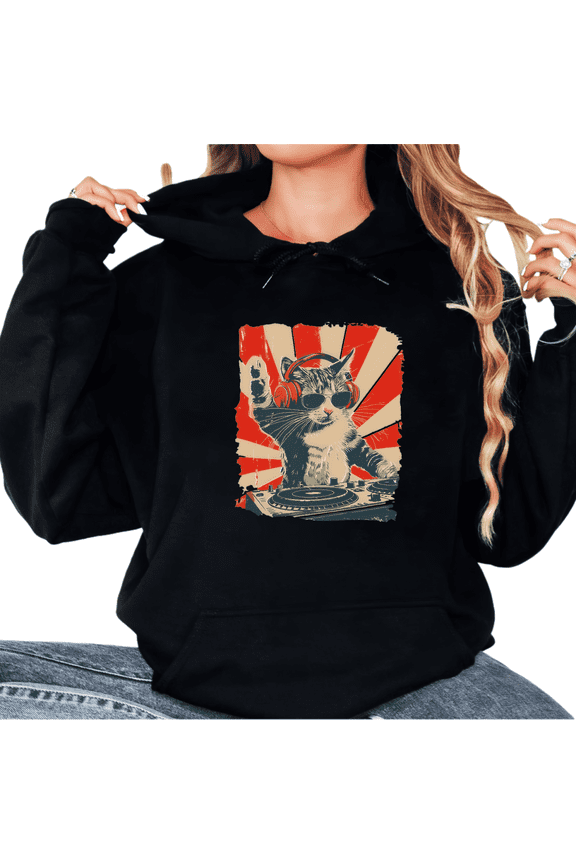 Women's Crew Neck Printed Cotton Hoodie DJ Cat Pattern Casual Stylish Hooded Long-Sleeved Black S-2XL