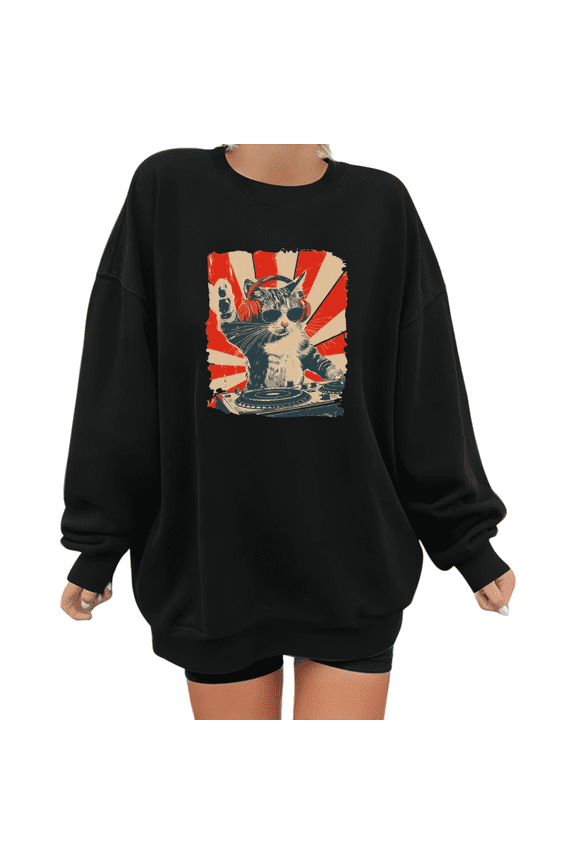 Women's Crew Neck Printed Cotton Hoodie DJ Cat Pattern Casual Trendy Round-neck long-sleeved Black S-3XL