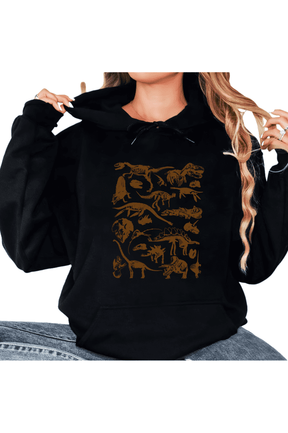 Women's Crew Neck Printed Cotton Hoodie Dinosaur Skeleton Pattern Casual Fun Hooded Long-Sleeved Black S-2XL