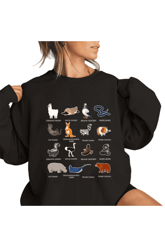 Women's Crew Neck Printed Cotton Hoodie Funny Animal Nickname Pattern Casual Playful Round-neck long-sleeved Black S-3XL