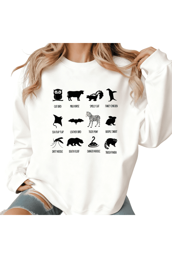 Women's Crew Neck Printed Cotton Hoodie Funny Animal Nickname Pattern Casual Playful Round-neck long-sleeved White S-3XL