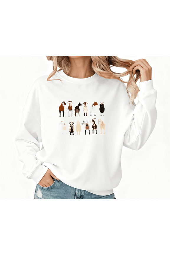 Women's Crew Neck Printed Cotton Hoodie Goat Guide Pattern Casual Fresh Round-neck long-sleeved White S-3XL