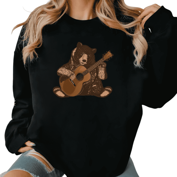 Women's Crew Neck Printed Cotton Hoodie Retro Guitar Bear Pattern Casual Artistic Round-neck long-sleeved Black S-3XL
