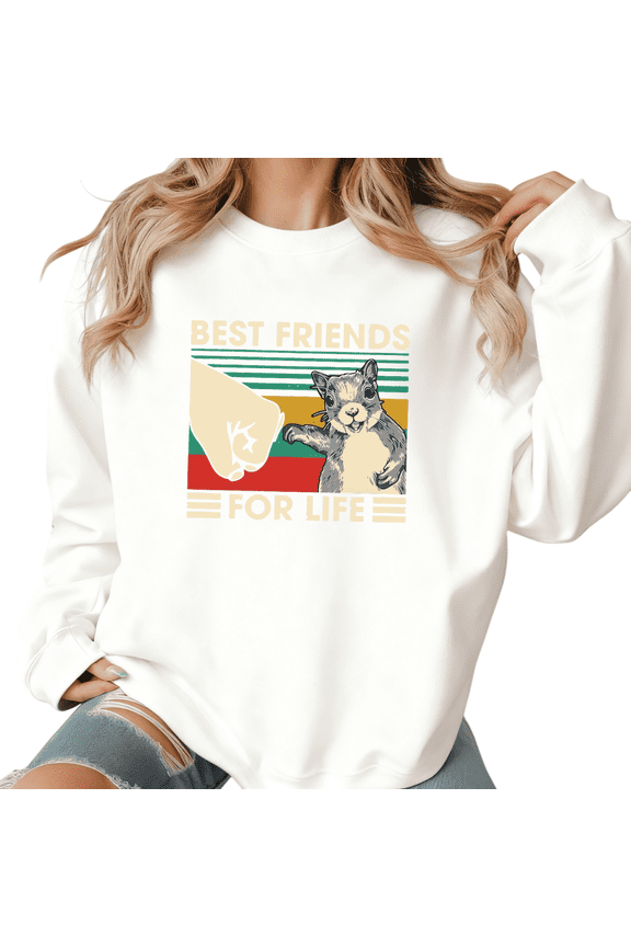 Women's Crew Neck Printed Cotton Hoodie Squirrel Best Friends Slogan Pattern Casual Warm Round-neck long-sleeved White S-3XL