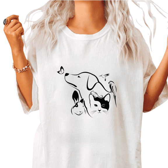 Women's Crew Neck Printed Cotton Tee Animal Combo Line Art Graphic Casual Loose T Shirt Graphic Tees Tops White S-5XL