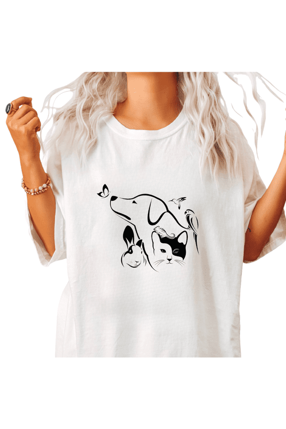 Women's Crew Neck Printed Cotton Tee Animal Combo Line Art Graphic Casual Loose T Shirt Graphic Tees Tops White S-5XL