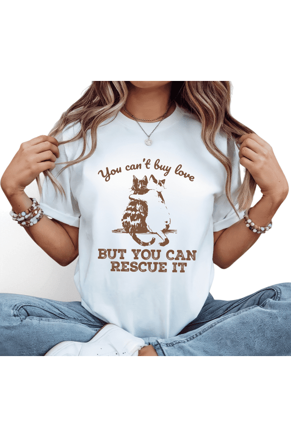 Women's Crew Neck Printed Cotton Tee Cat Rescue Love Slogan Graphic Casual Loose T Shirt Graphic Tees Tops White S-5XL
