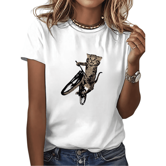 Women's Crew Neck Printed Cotton Tee Cat Riding Bicycle Graphic Casual Loose T Shirt Graphic Tees Tops White S-5XL
