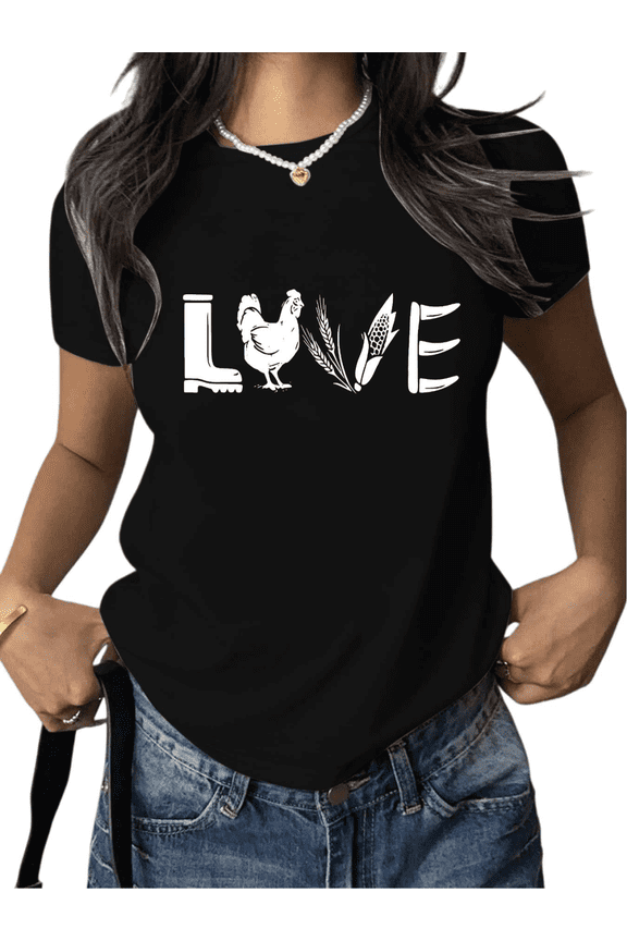 Women's Crew Neck Printed Cotton Tee Farm Elements LOVE Casual Loose T Shirt Graphic Tees Tops Black S-5XL